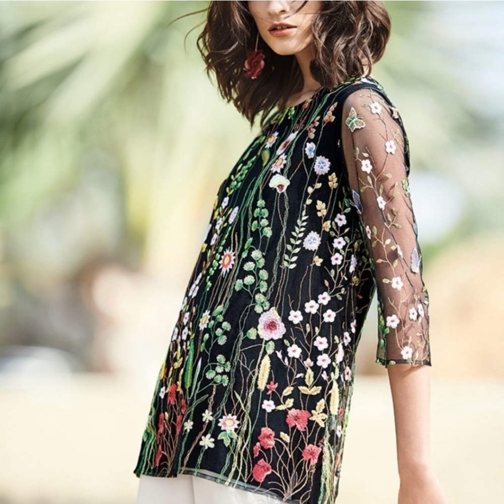 Caroline Rose Embroidered Black Floral Dressy Top Sheer Sleeves Size 2X